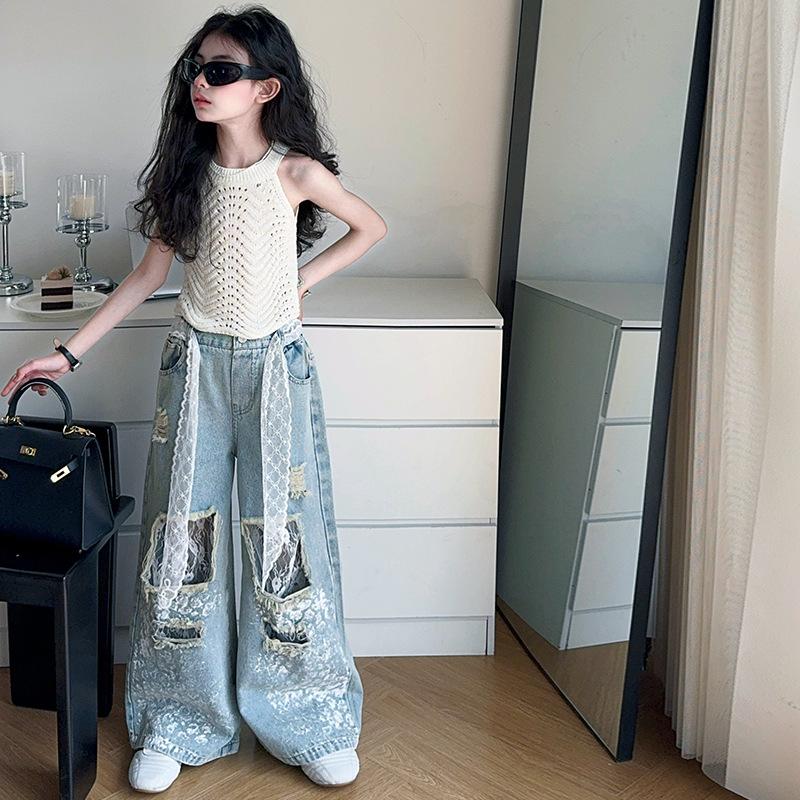 Kids Streetwear Y2k Jeans Girl Lace Drawstring Denim Pants Child Fashion Hip Hop Jeans Trousers