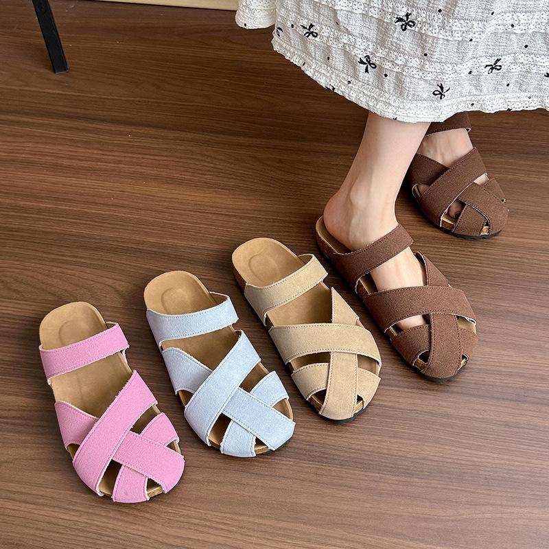 Vintage niche cross with bag head and half slippers, women's summer wear a pedal, hollowed out imitation leather, ugly and cute