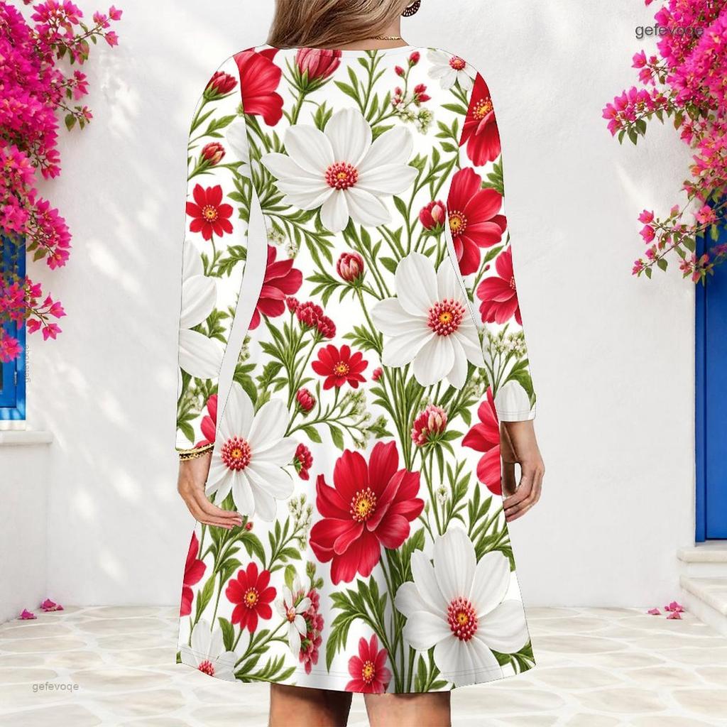 Women Plus Size V Neck Long Sleeve Floral Printed White A Line Dress
