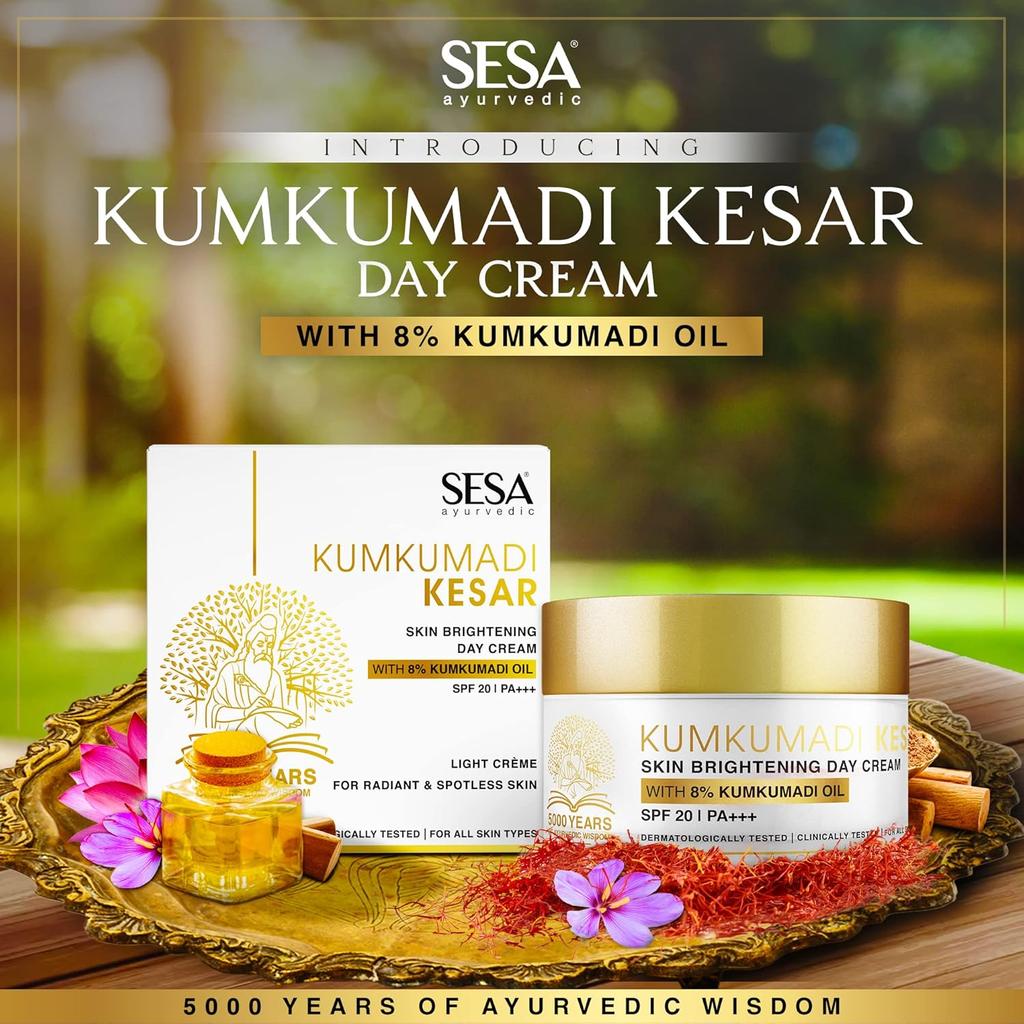 Sesa Kumkumadi Kesar Day Cream 50g With SPF 20 PA++ Ayurvedic Skin Brightening Moisturizer For Daily Sun Protection And Radiant Glow