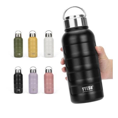 TYESO Vacuum Insulated Sports Water Bottle, Stainless Steel, Double-Walled, Wide Mouth, with Handle, 0.75/1 Liter (750ml, Black)