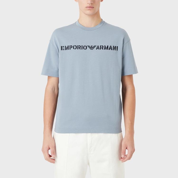 Emporio Armani SS23 Logo Letter Print Crew Neck Short Sleeve T-Shirt Men Tops Light-Blue 3R1TT2-1JWZZ-0738