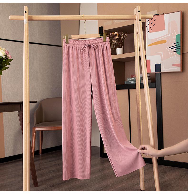 Pantaloni Larghi Estivi da Donna a Vita Alta in Seta Ghiacciata - Modellanti, Drappeggiati, Casual da Studentessa, Vestibilità Larga, Gamba Dritta Stretta.