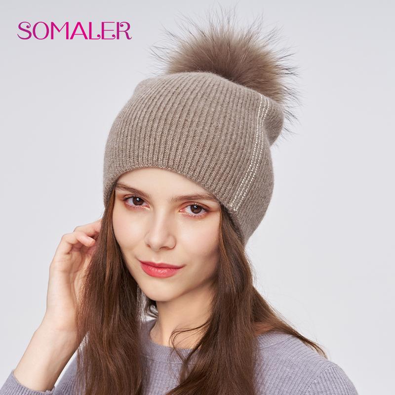 SOMALER Women Winter Fur Pom Pom Hat Wool Knit Beanie Hat With Rhinestone Warm Double Layer Luxury Fur Bobble Outdoor Cap