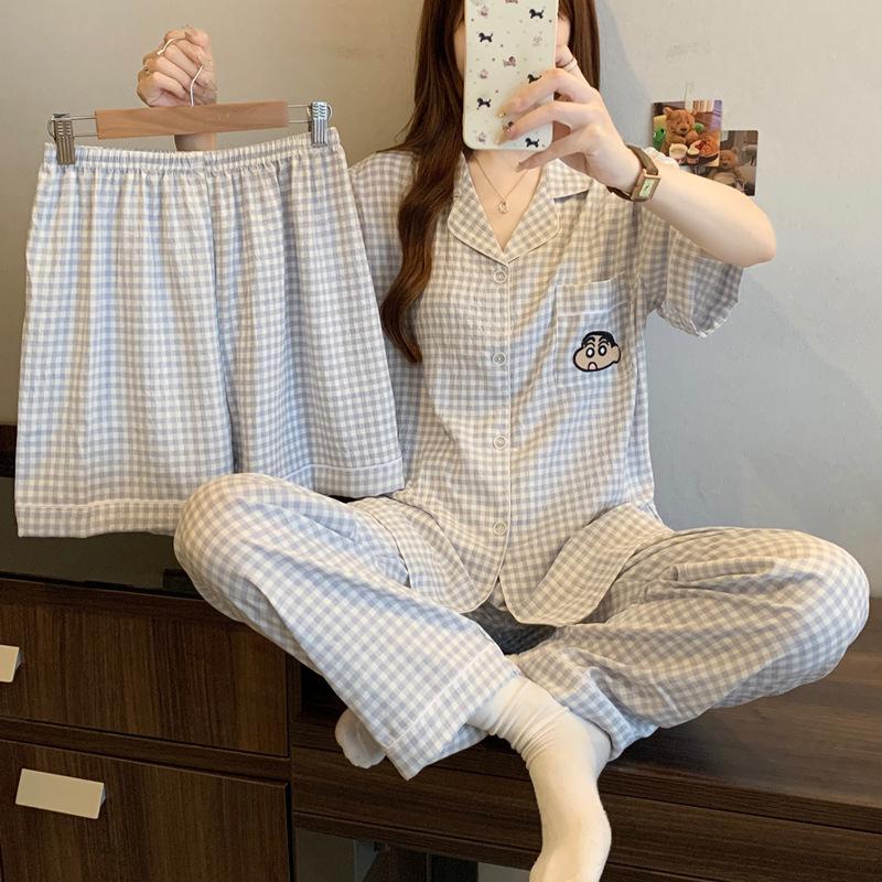 Plaid Style Crayon Small New Cloud Cotton Pajamas Women'S Summer High-Value Short-Sleeved Three-Piece Set