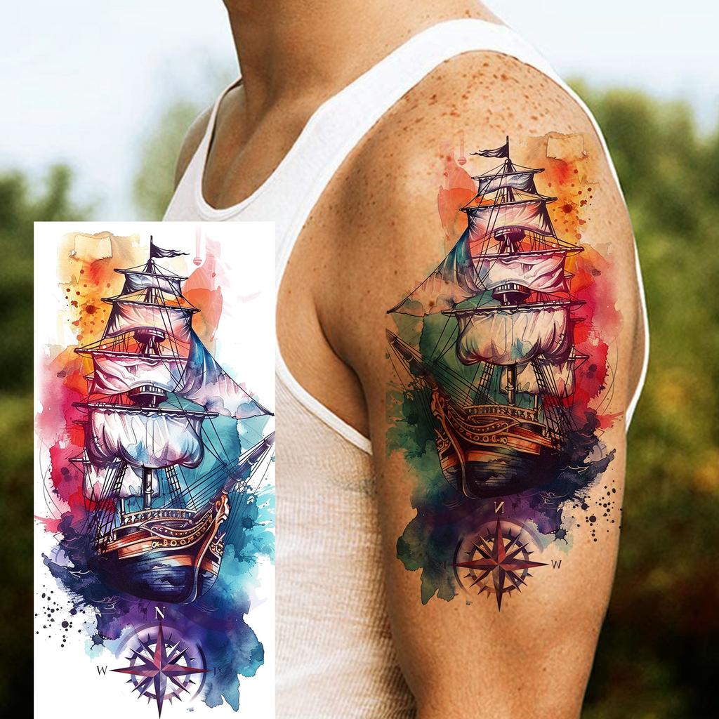 1 Foglio Impermeabile Nave Pirata Vela Tatuaggi Temporanei Per Uomo Donna Bussola Realistica Orologio Tatuaggio Finto Adesivo Lunga Durata