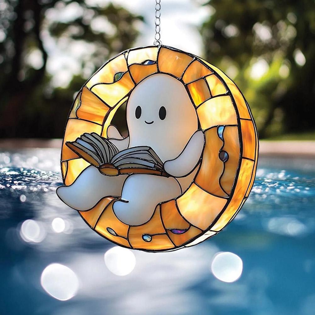2D Acrylic Ghost Reading Book Suncatcher Hanging Decor For Indoors Outdoor Fall Parties Home Decoration Durable Unbreakable