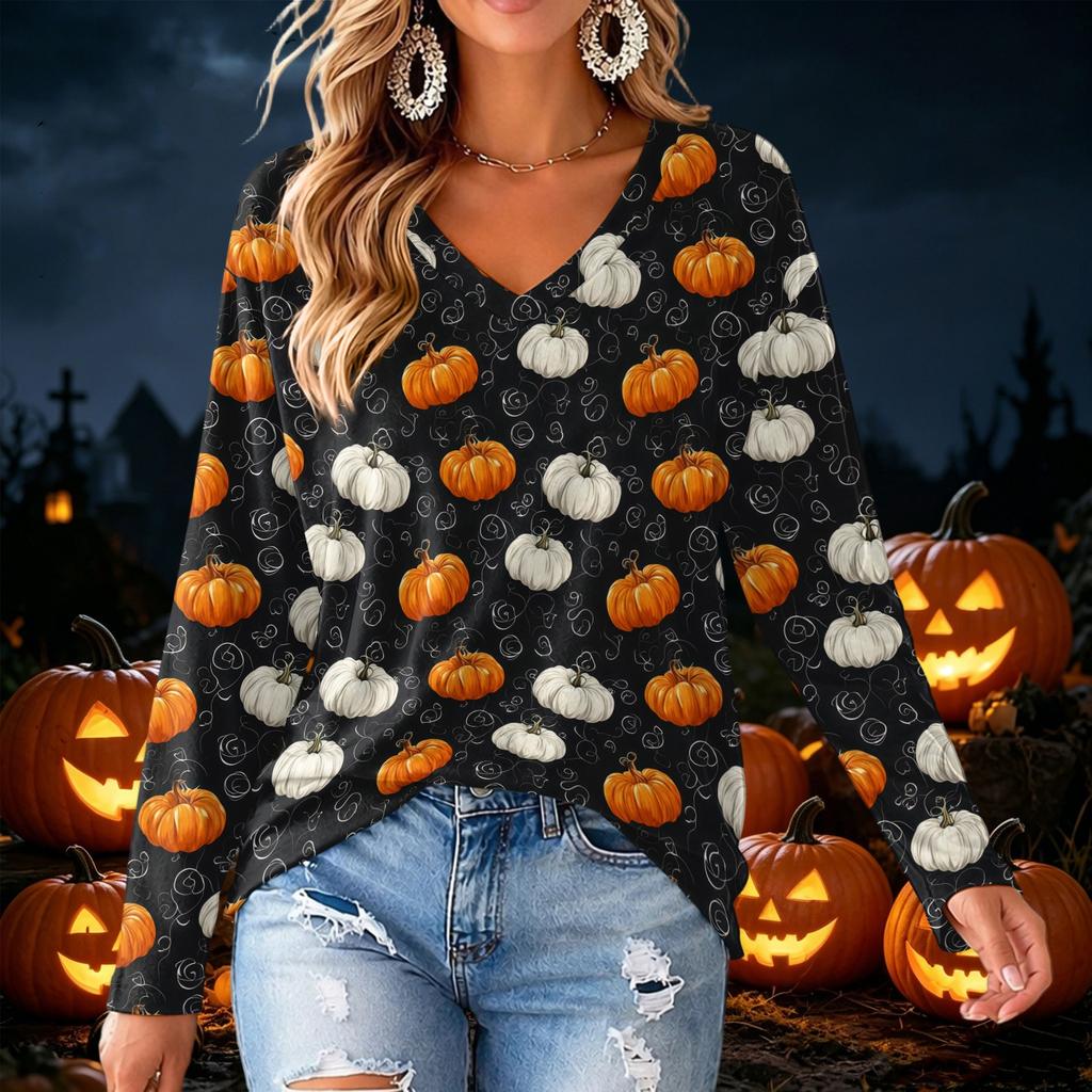 Women's V-Neck Long Sleeve Lightweight Halloween Print Blouse for Casual Wear