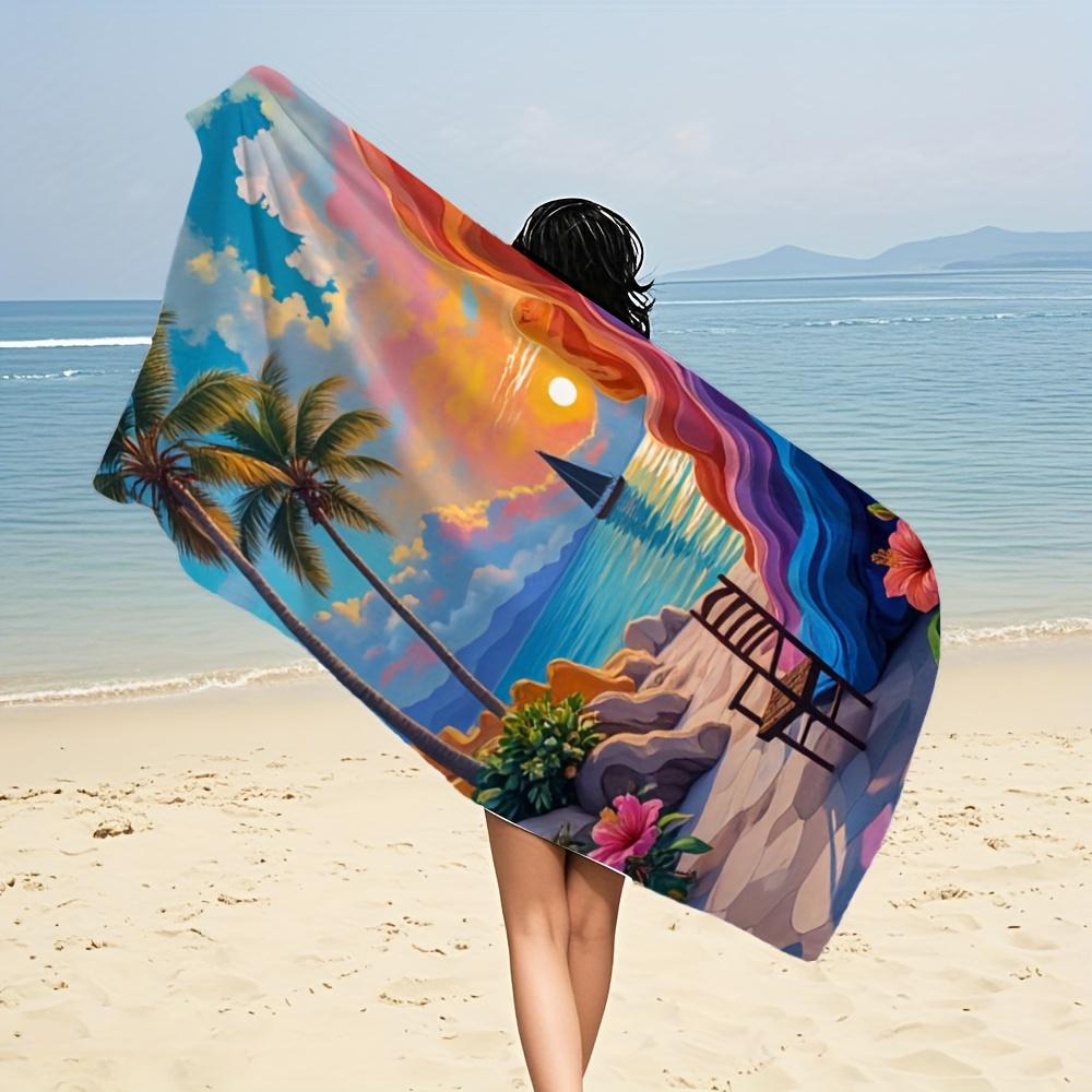 1Pc Tropical Sunset Beach Towel Palm Tree Ocean View Print Vacation Design Quick Dry Soft Microfiber Bath Towel For Women