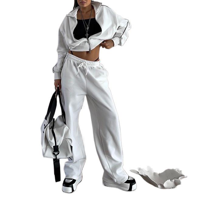European & American Casual Zipper Cardigan Jacket & Sporty Drawstring Long Pants Women’s Two-piece Set