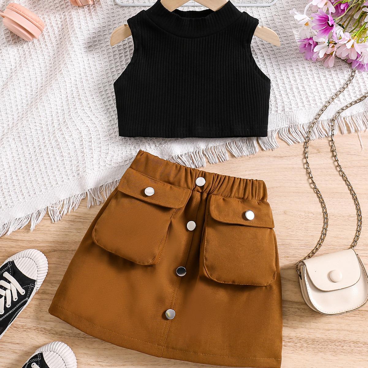 

Комплект одежды для девочек: Летний детский повседневный однотонный свитер и юбка из двух предметов 130cm