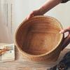 Plastic Round Rattan Storage Tray Handmade Large Capacity Wicker Storage Baskets Decorative with Wooden Handle