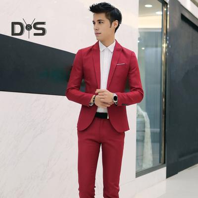 2Pcs/Set Men Slim Fit Suit Set Lapel Long Sleeve Single Button Suit Coat Mid-rise Long Pants Set Solid Color Business Outfit