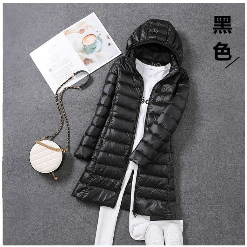 New autumn and winter large size light and thin down jacket women's medium and long white duck down light jacket removal cap