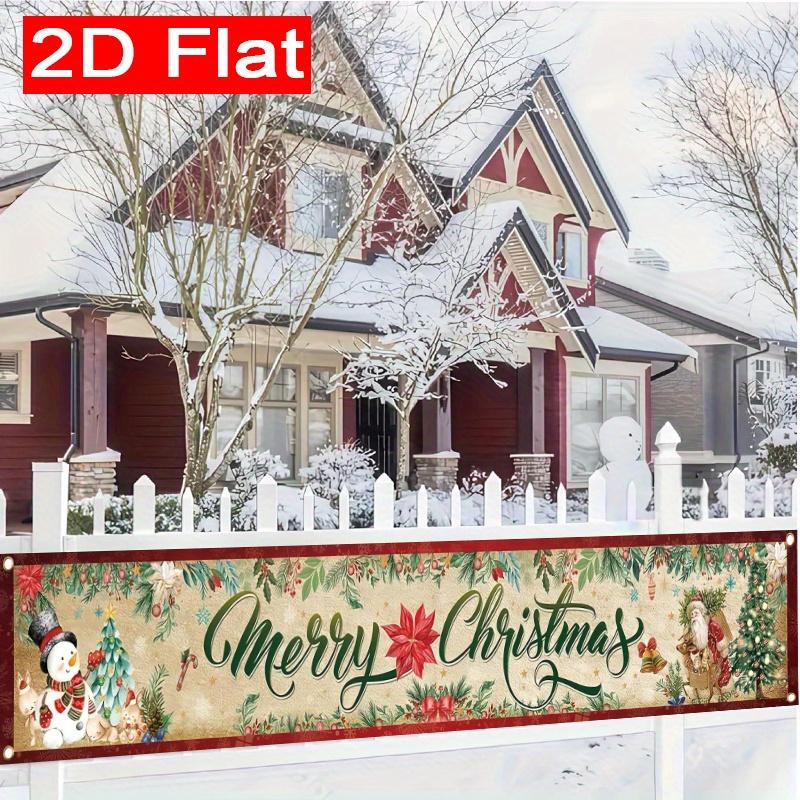 Merry Christmas Fence Banner, Santa Claus Snowman Reindeer Theme, Polyester Outdoor Lawn Wall Party Decoration