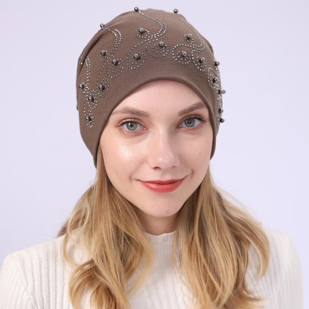 Autumn and Winter Men's and Women's Double Layer Pure Cotton Pearl Hot Diamond Pullover Hat Warm Confinement Hat Thin Casual Pile Hat