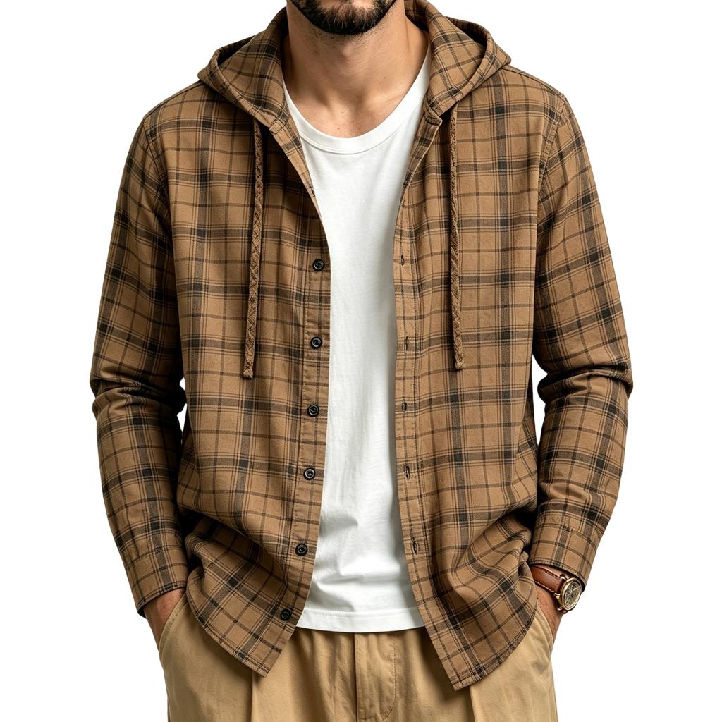 Men's Retro Casual Lightweight Loose Fit Plaid Hooded Long Sleeve Sun Shirt