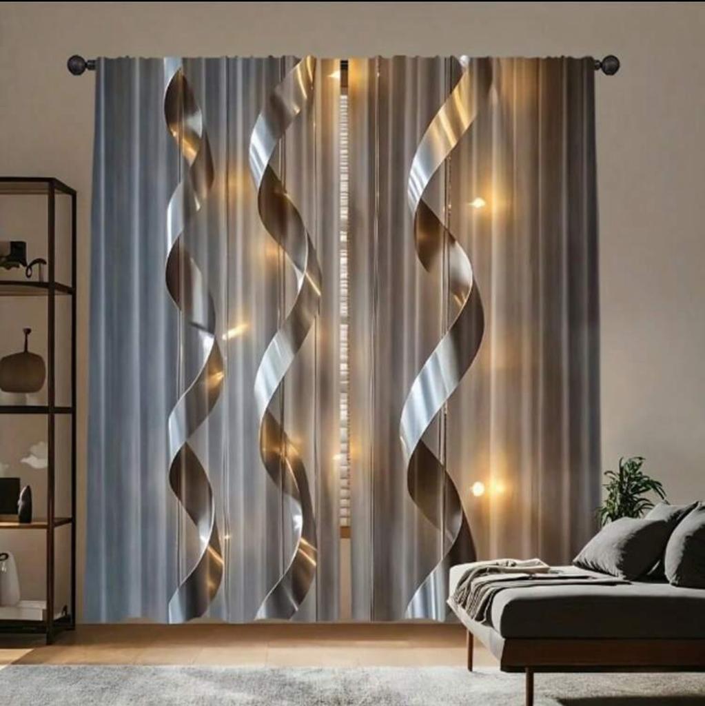 Silver Line Pattern Printed Curtains   Pole Bag Curtains   Bedroom and Living Room   Home Decoration   Room Decoration