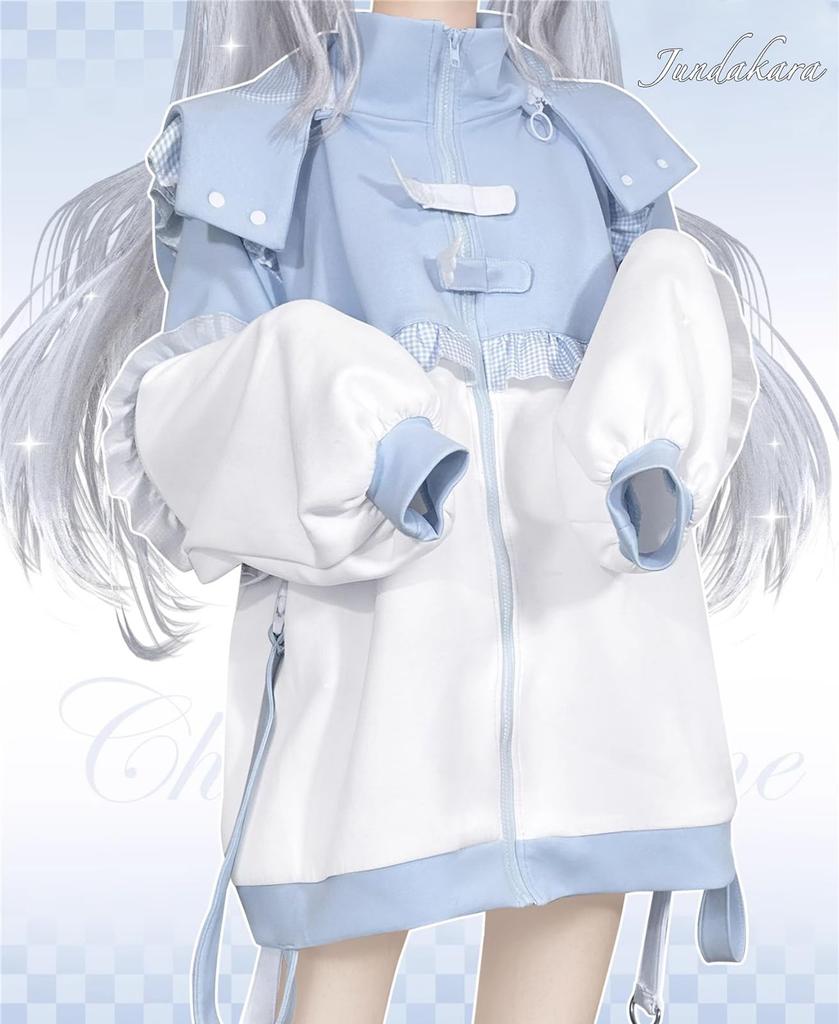 Jundakara Light Blue Long Subculture Angel Sickly Color Loose Size M Women's Hoodie, Sleeve, Style, Wings, Hooded, Ruffles, Angelic, Cute, Block,