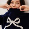 New Women's Thick Knit Bow Jacquard Wool Sweater - Red, Pure Wool, Round Neck, Loose Fit