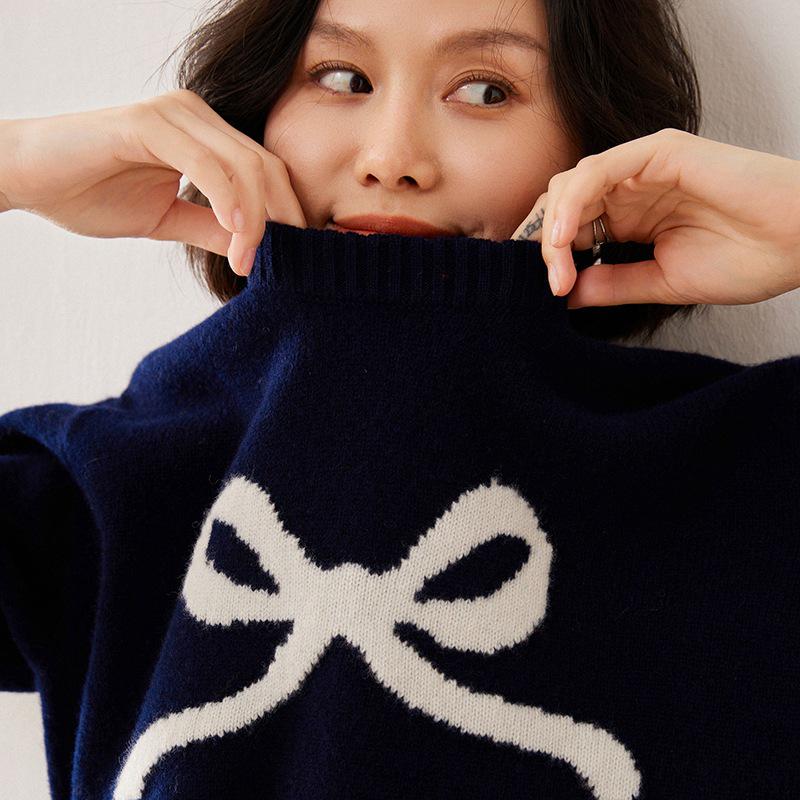 New Women's Thick Knit Bow Jacquard Wool Sweater - Red, Pure Wool, Round Neck, Loose Fit