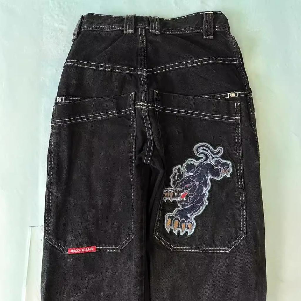 Streetwear JNCO jeans Y2K hip-hop cartoon pattern loose black pants men's and women's wide-leg pants wholesale