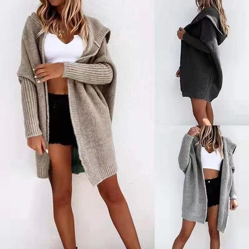 2025 Women's Clothing New European and American Foreign Trade Women's Knitted Sweater Jacket Amazon Long Hooded Casual Cardigan Sweater