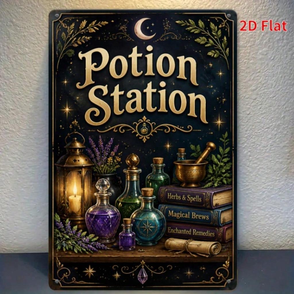 Vintage 2D Potion Station Tin Sign, Crescent Moon Witch Decor, Metal Plaque for Bedroom Wall