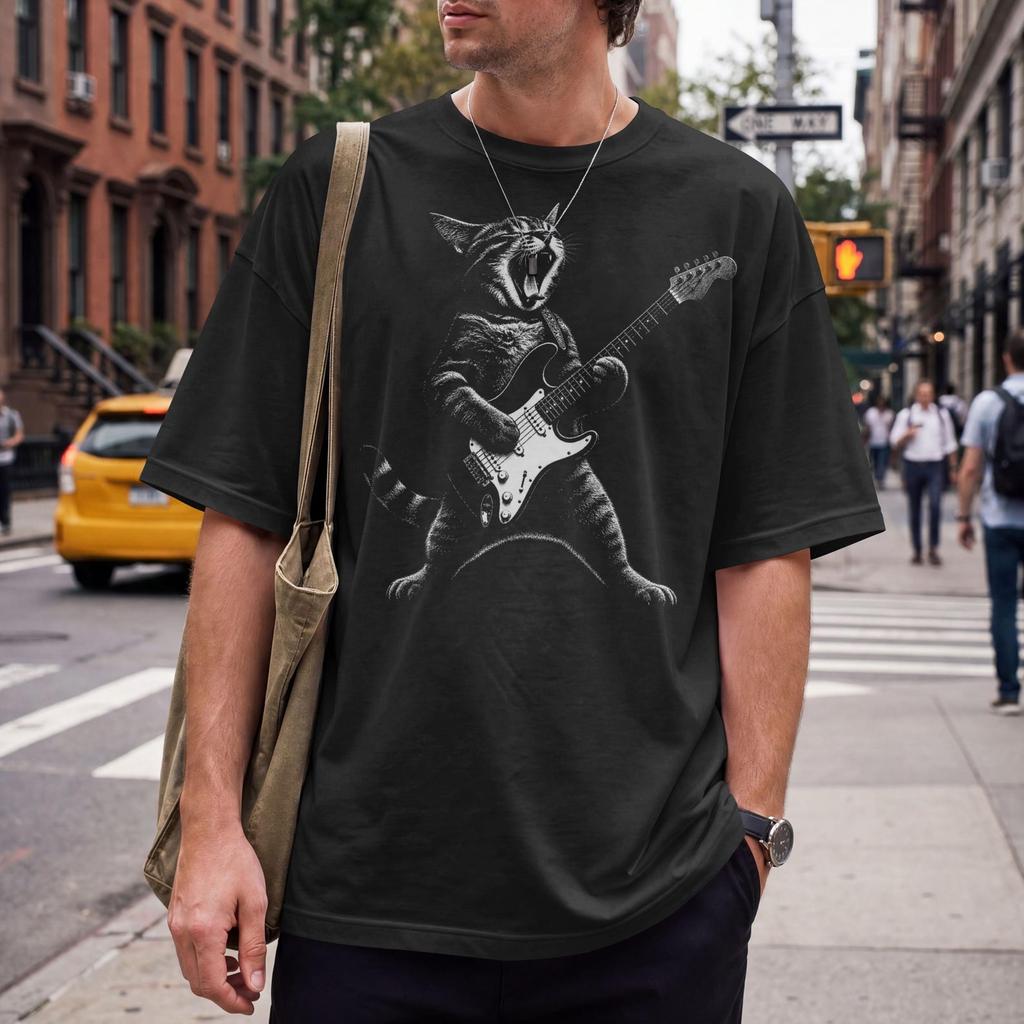 Guitar Cat T Shirt | Funny Rock Cat Graphic Tee | Vintage Music Shirt