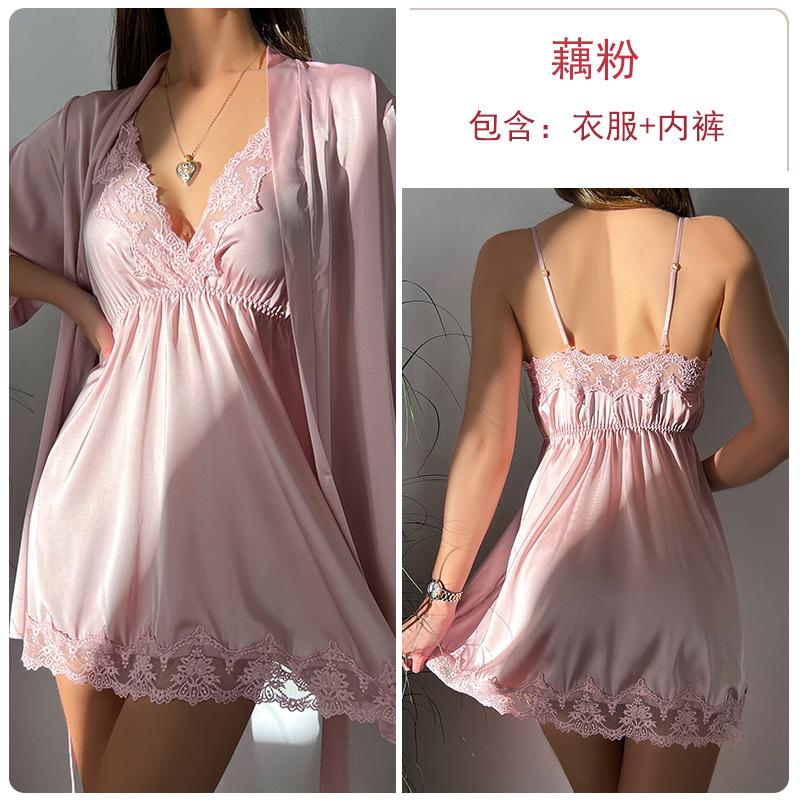 Women's Satin Mesh Deep V Comfy Cami Sleep Dress with Robe Lounge Set