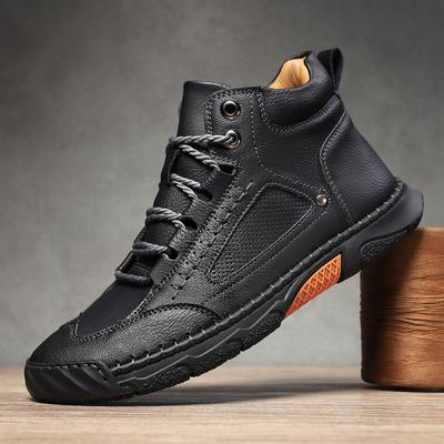 Large Size Men's Shoes Leather Boots Men's Fashion Stitching Shoes Ankle Boots Flat Lace-Up Martin Boots Outdoor High Top Shoes