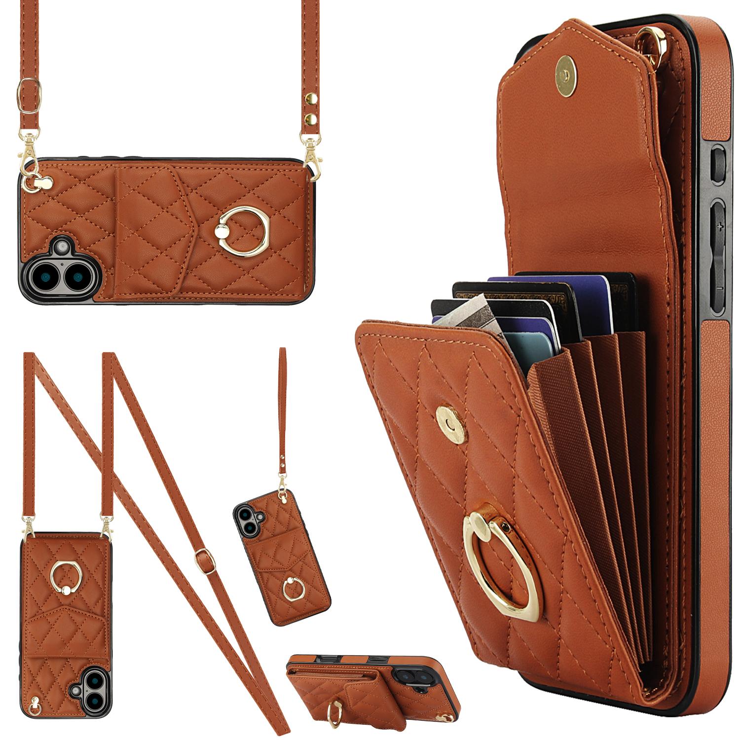 

For iPhone 16 Plus Case Card Bag Leather+TPU Crossbody Phone Cover with Ring Kickstand Brown