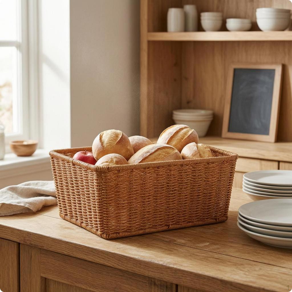 Rectangular Woven Basket Handwoven OpenTop Storage Reinforced Rim for Kitchen Counter, Table