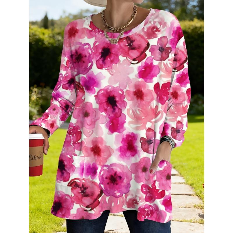 Women s Plus Size Pink Floral Print Loose Top with Pockets S