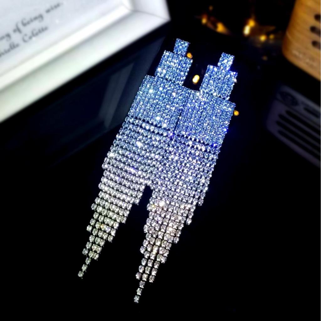 High-end luxury shiny rhinestone long fringed earrings