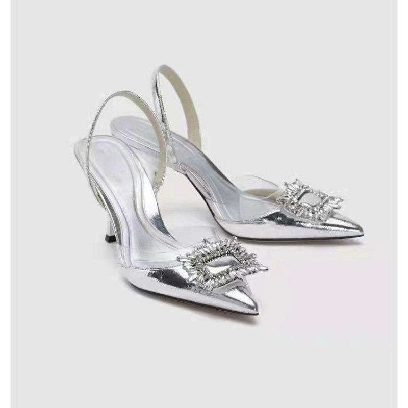 

Модный дизайнер Серебристые босоножки на высоком каблуке Женские 2025 Лето Кристалл Квадратная пряжка Сандалии Женские Острый носок Слингбэки Вечерняя обувь 39 серебряный