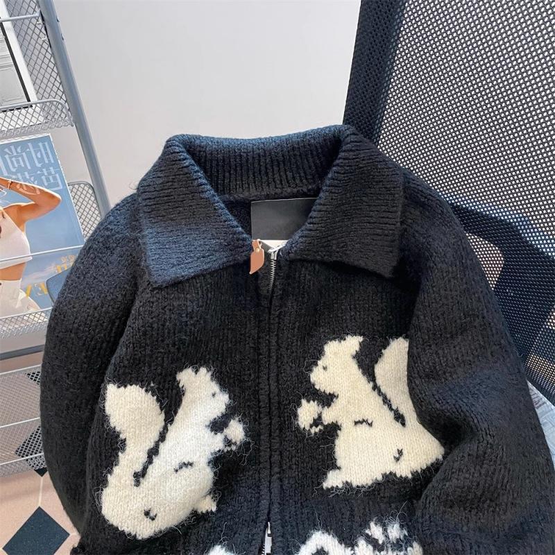 

Rabbit jacquard lapel zipper sweater jacket women s autumn and winter retro lazy wind contrasting color soft waxy knitted cardigan one size fits all чёрный