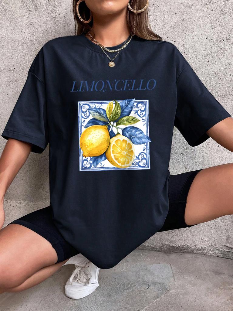 Lemon Cello Creative Fruits Printing TShirt Womens Cotton Summer Short Sleeve Comfortable Soft ONeck Tops Basic Woman Clothes