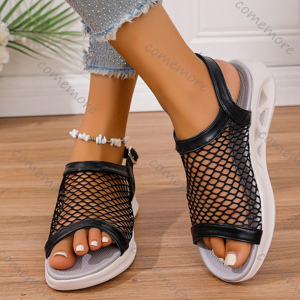 Comemore Women 2025 Summer New Soft Flat Bottom Mesh Sandals Round Head Hollow Casual Thick Bottom Solid Buckle Roman Sandales