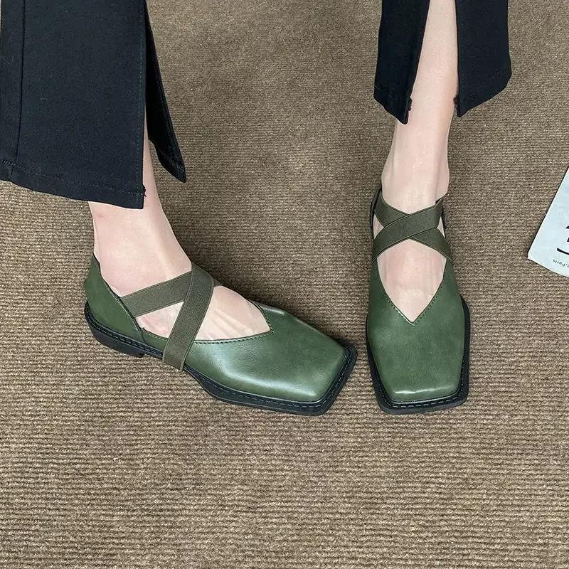 Flats Mary Jane Flat Green Normal Leather Casual Women's Shoes Square Toe Japanese Style Lolita Ladies Footwear Gothic Fashion