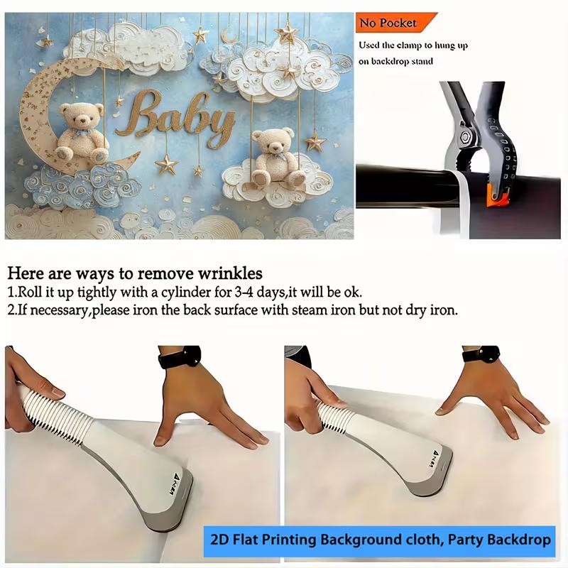 Dwuwymiarowy Neutralny Baner na Baby Shower z Misiem, Gwiazdkami i Chmurkami