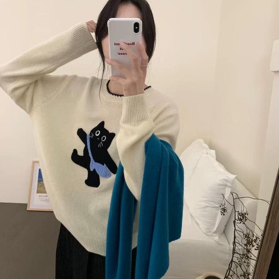 

Пуловер свитер в корейском стиле с вышивкой котенка в стиле колор-блок для женщин, дизайн 2025 One Size (80-120 cm) грязно-белый
