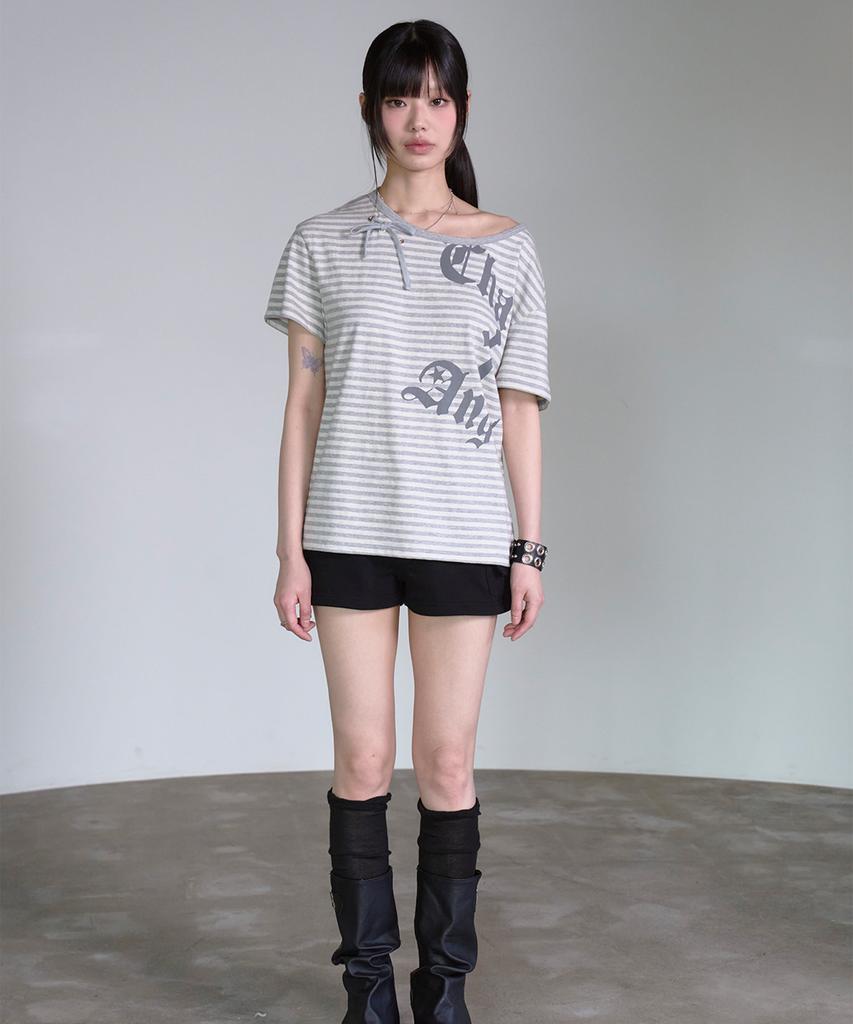 PRENDA Ribbon Tie Eyelet Striped Tee Ivory