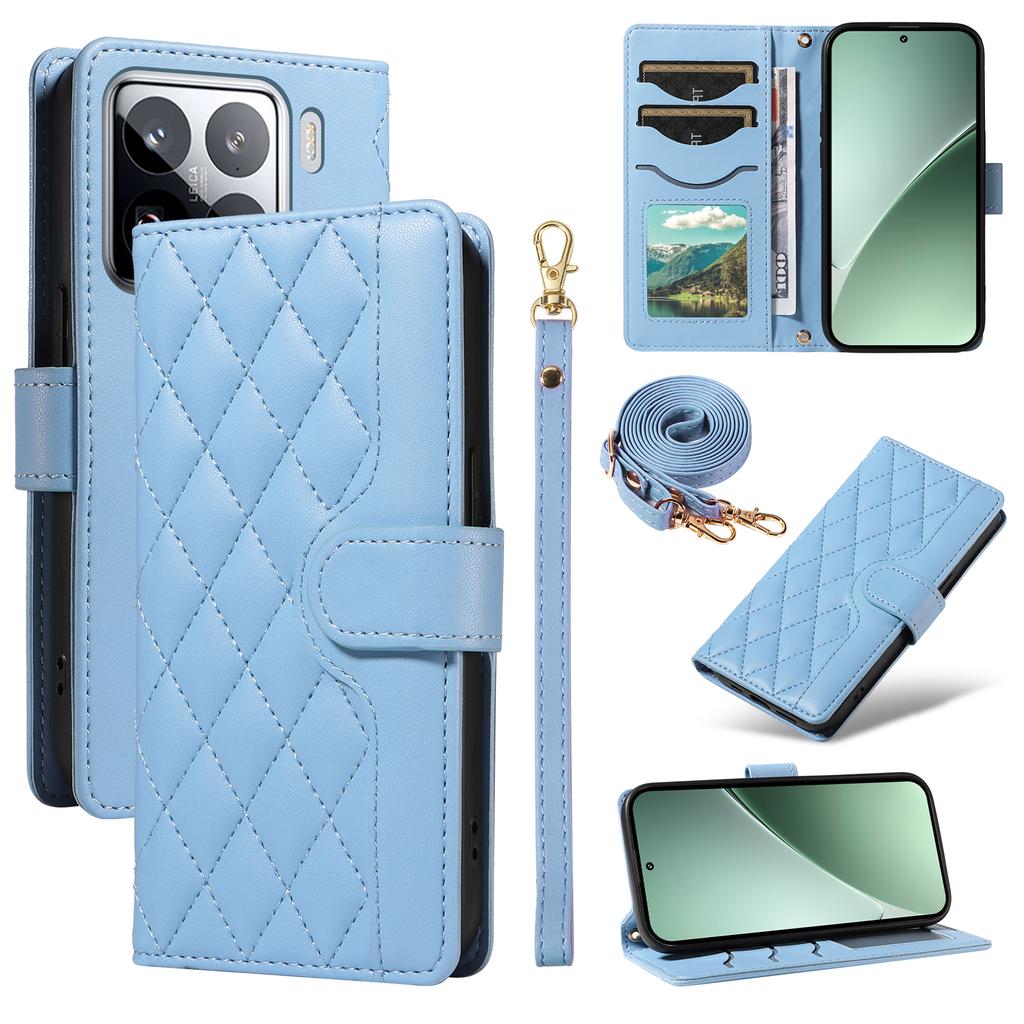 For Xiaomi 15 Pro Wallet Case Rhombus Leather Phone Cover with Shoulder Strap, Wrist Strap