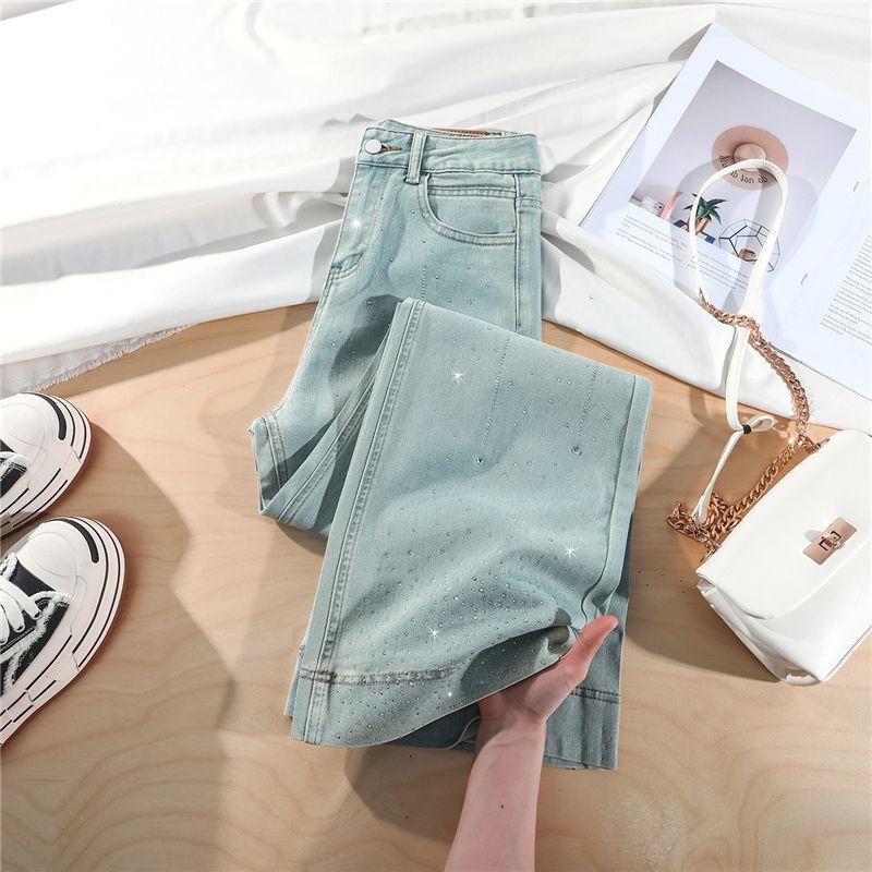 Spring Summer New Meteor Bling Rhinestone Non Cling Soft Comfort Relax Micro Flare Wide Leg Denim Pants For Women Casual Pants Oversize Denim Trousers