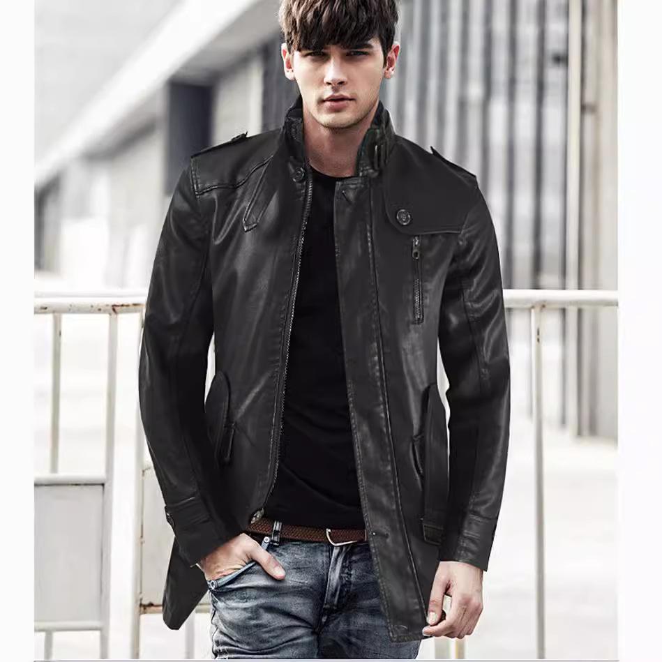 Men's Stand Collar Leather Jacket - Autumn/Winter 2021, Mid-Length, Loose Fit, Plus Velvet, Plus Size, PU Leather.