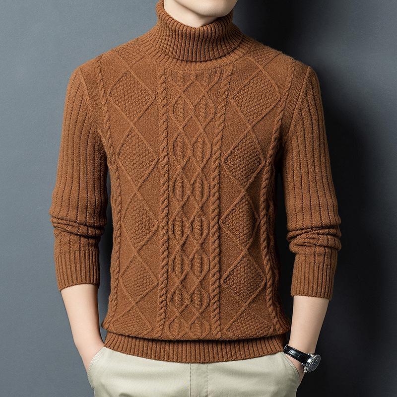2025 Winter Korean Style Men's High-Neck Jacquard Sweater - Casual Knit Base Layer for Middle-Aged & Young