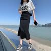 Qooth Casual Women Black Denim Skirt Side Slits Asymmetrical Bodycon Mid Length Slim Simple Skirt QT2652