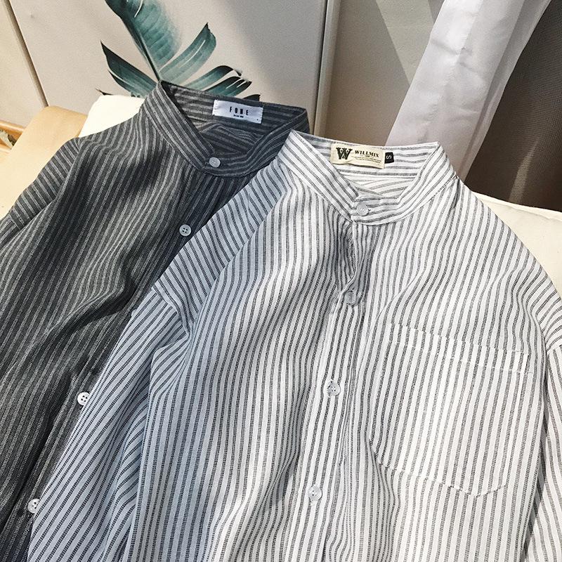 Korean-Style Men's Handsome Striped White Long-Sleeved Shirt - Loose Fit, Summer Sun Protection, Hong Kong and Japanese-Inspired.