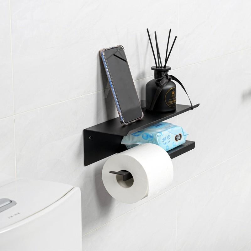 Wall Mounted Toilet Paper Holder Bathroom - No Drill Adhesive Or Screw Installation Black Metal Square Design Modern